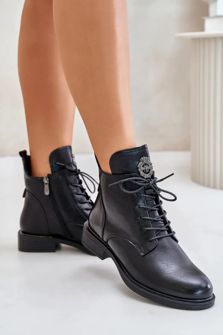 Outlet Boto Ocieplane Botki Na Płaskim Obcasie Z Ozdobą Czarne Leonise Czarny