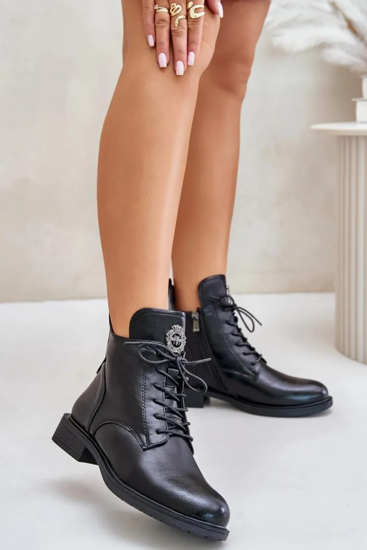 Outlet Boto Ocieplane Botki Na Płaskim Obcasie Z Ozdobą Czarne Leonise Czarny