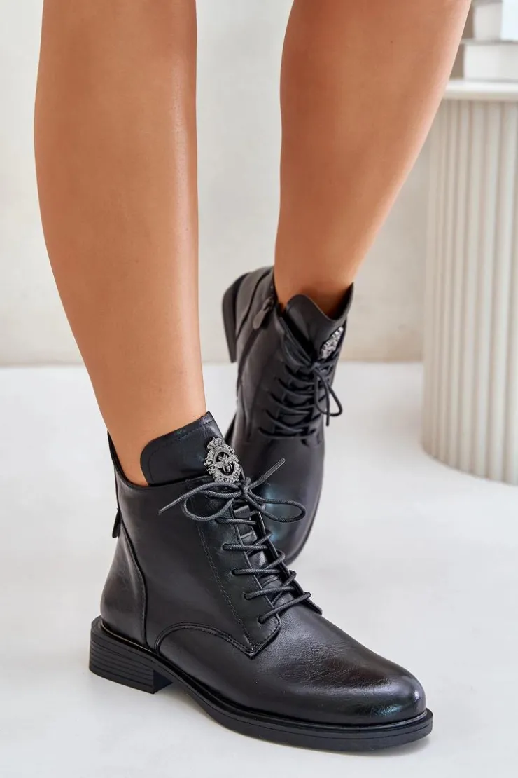 Outlet Boto Ocieplane Botki Na Płaskim Obcasie Z Ozdobą Czarne Leonise Czarny