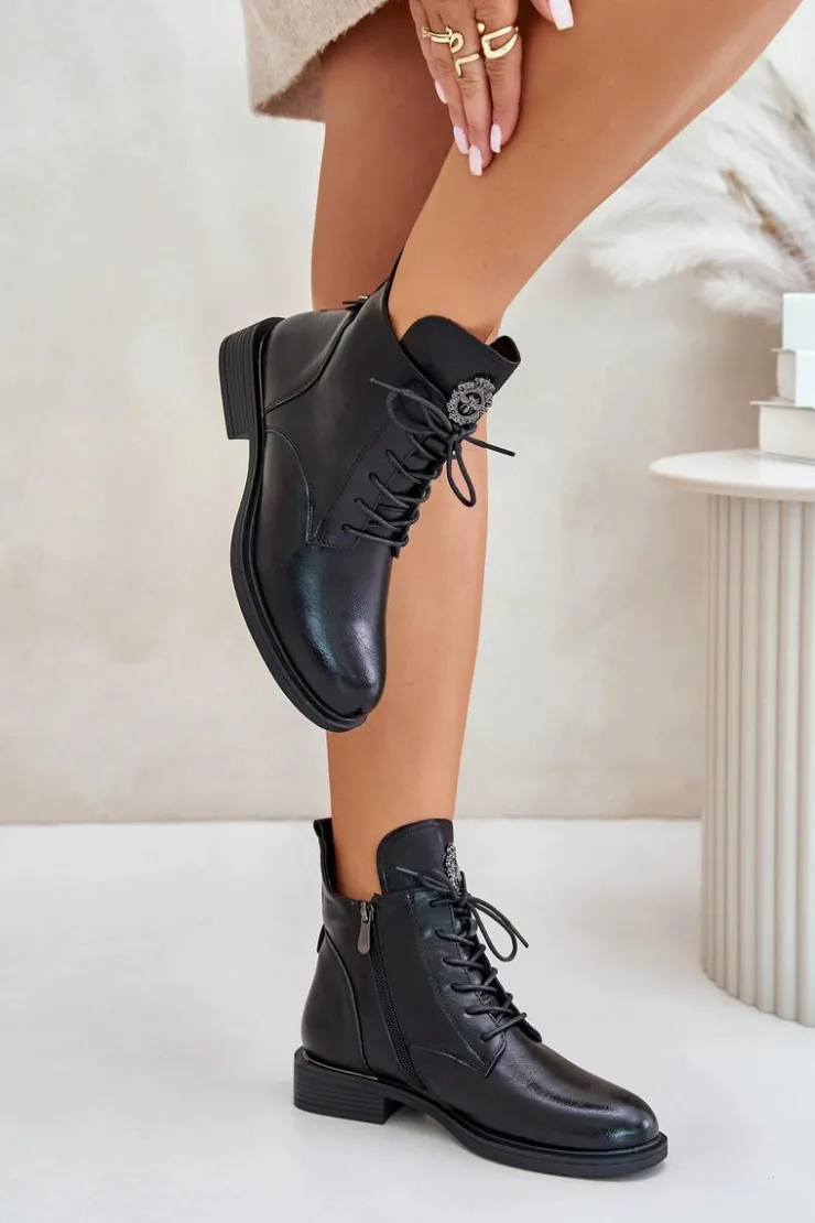 Outlet Boto Ocieplane Botki Na Płaskim Obcasie Z Ozdobą Czarne Leonise Czarny