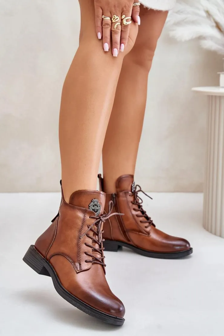 Sale Boto Ocieplane Botki Na Płaskim Obcasie Z Ozdobą Camel Leonise