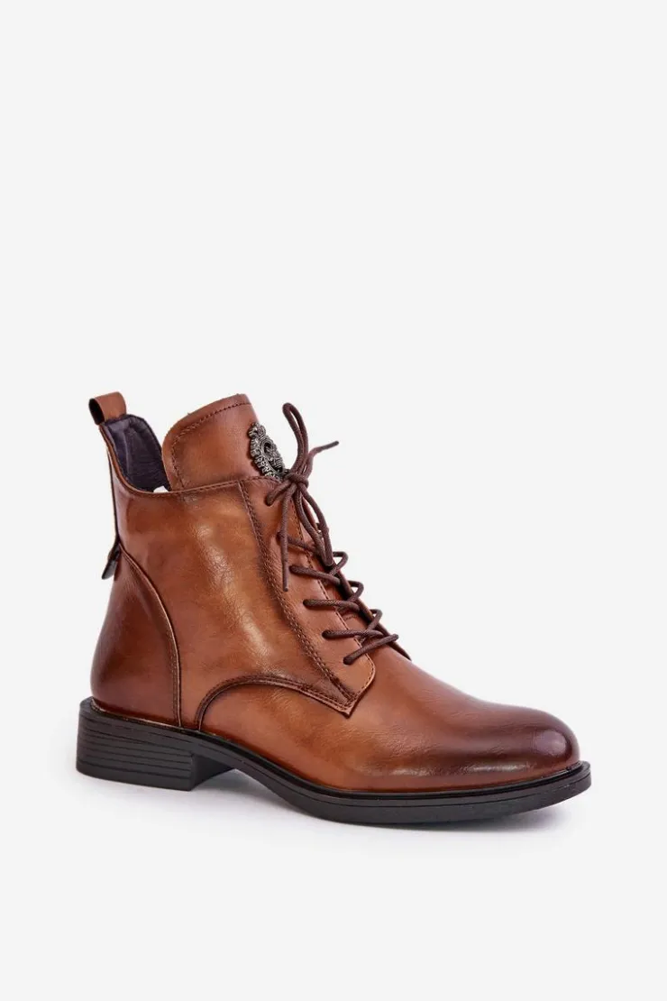 Sale Boto Ocieplane Botki Na Płaskim Obcasie Z Ozdobą Camel Leonise