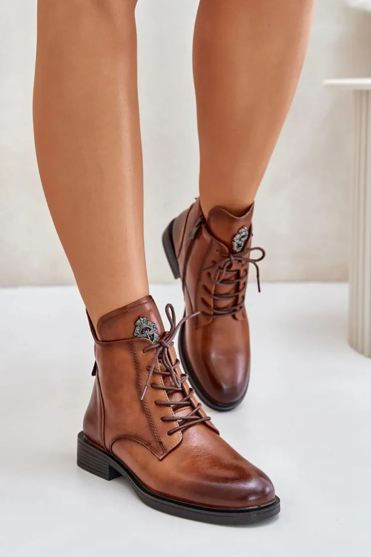 Sale Boto Ocieplane Botki Na Płaskim Obcasie Z Ozdobą Camel Leonise