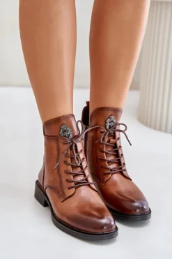 Sale Boto Ocieplane Botki Na Płaskim Obcasie Z Ozdobą Camel Leonise