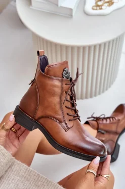 Sale Boto Ocieplane Botki Na Płaskim Obcasie Z Ozdobą Camel Leonise