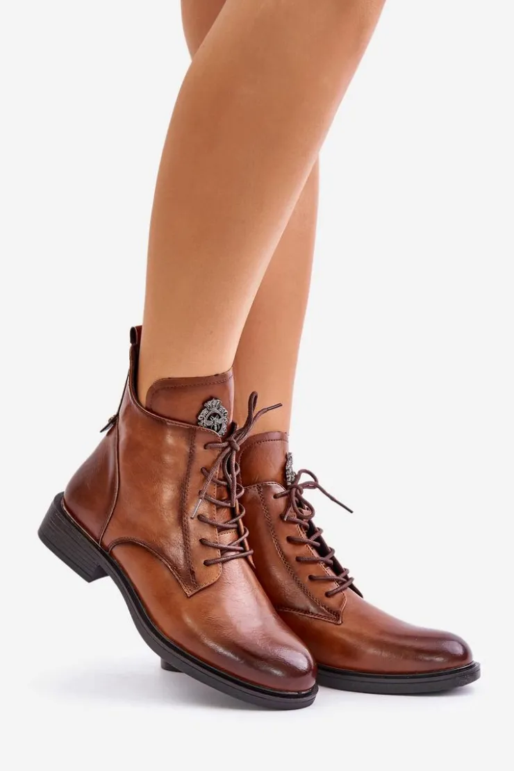 Sale Boto Ocieplane Botki Na Płaskim Obcasie Z Ozdobą Camel Leonise