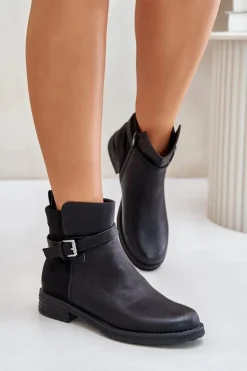 Damskie Evento Ocieplane Botki Na Płaskim Obcasie Z Paskiem Czarne Sabamessa