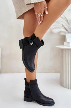 Damskie Evento Ocieplane Botki Na Płaskim Obcasie Z Paskiem Czarne Sabamessa