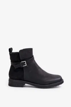 Damskie Evento Ocieplane Botki Na Płaskim Obcasie Z Paskiem Czarne Sabamessa