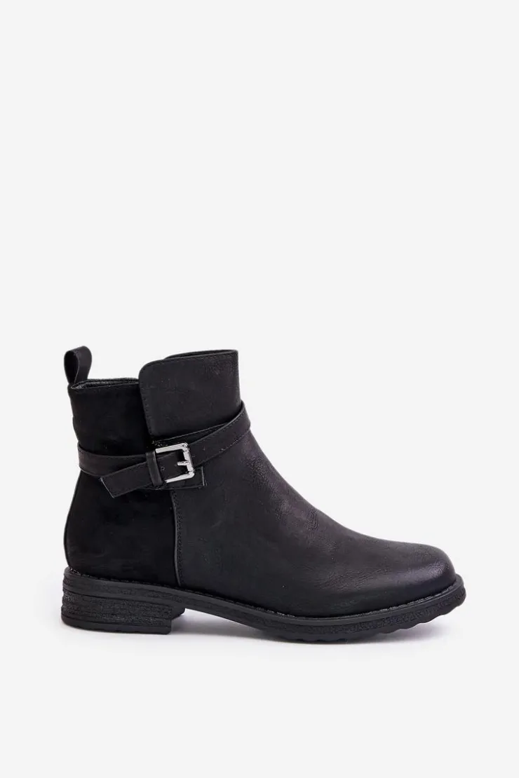 Damskie Evento Ocieplane Botki Na Płaskim Obcasie Z Paskiem Czarne Sabamessa