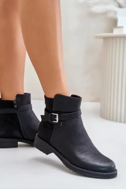 Damskie Evento Ocieplane Botki Na Płaskim Obcasie Z Paskiem Czarne Sabamessa