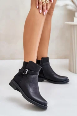 Damskie Evento Ocieplane Botki Na Płaskim Obcasie Z Paskiem Czarne Sabamessa