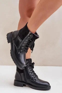 Evento Botki Ocieplane|Botki Sznurowane*Ocieplane Botki Na Płaskim Obcasie Eko Skórzane Czarne Naoise