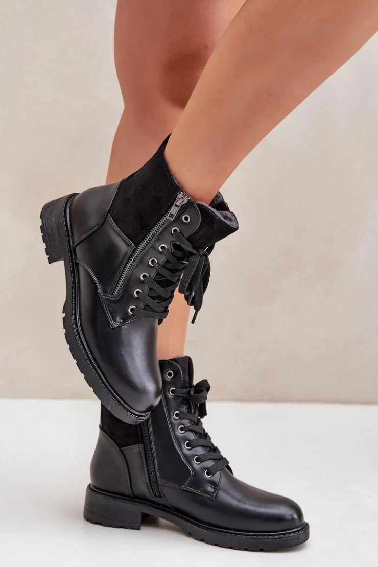 Evento Botki Ocieplane|Botki Sznurowane*Ocieplane Botki Na Płaskim Obcasie Eko Skórzane Czarne Naoise