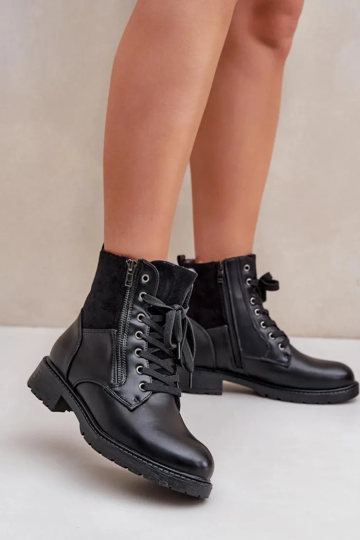 Evento Botki Ocieplane|Botki Sznurowane*Ocieplane Botki Na Płaskim Obcasie Eko Skórzane Czarne Naoise