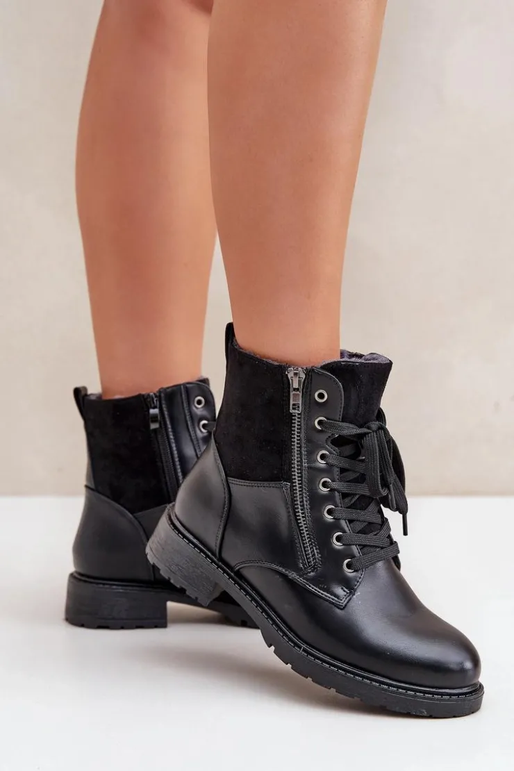 Evento Botki Ocieplane|Botki Sznurowane*Ocieplane Botki Na Płaskim Obcasie Eko Skórzane Czarne Naoise