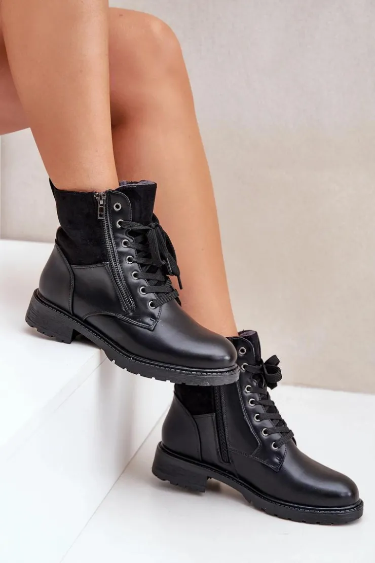 Evento Botki Ocieplane|Botki Sznurowane*Ocieplane Botki Na Płaskim Obcasie Eko Skórzane Czarne Naoise