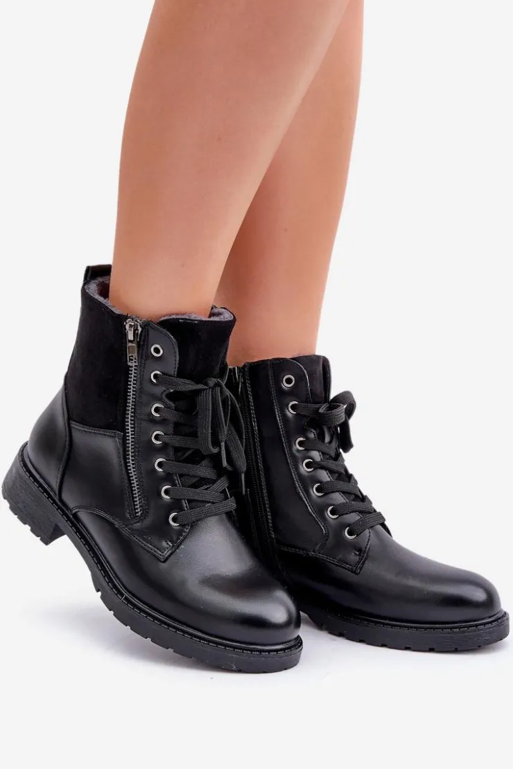 Evento Botki Ocieplane|Botki Sznurowane*Ocieplane Botki Na Płaskim Obcasie Eko Skórzane Czarne Naoise