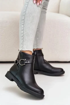 Hot Boto Ocieplane Botki Na Płaskim Obcasie Z Ozdobnym Paskiem Czarne Calzina