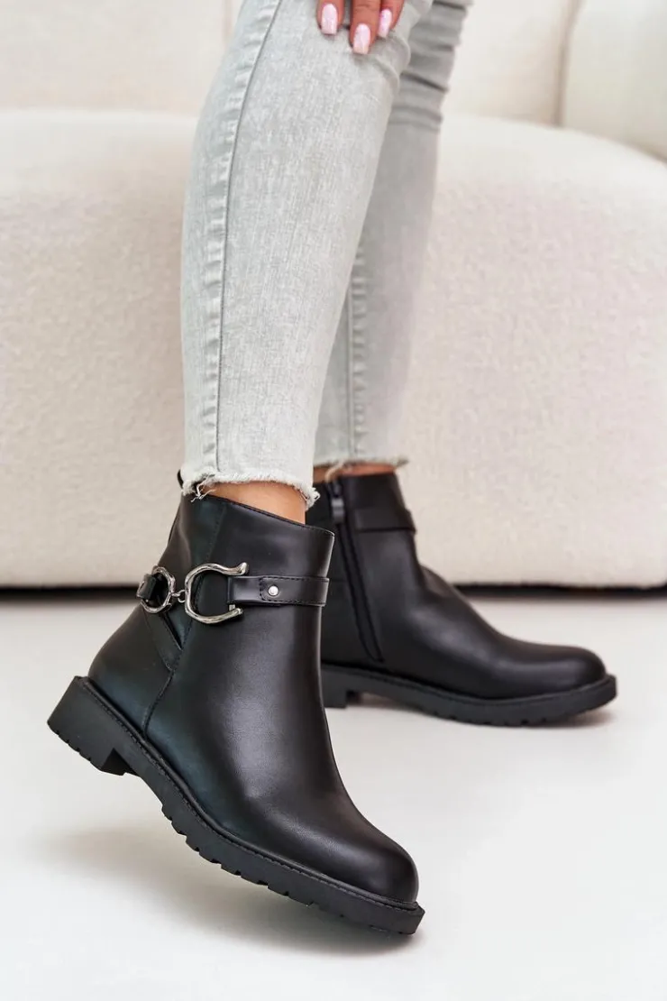 Hot Boto Ocieplane Botki Na Płaskim Obcasie Z Ozdobnym Paskiem Czarne Calzina