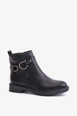 Hot Boto Ocieplane Botki Na Płaskim Obcasie Z Ozdobnym Paskiem Czarne Calzina