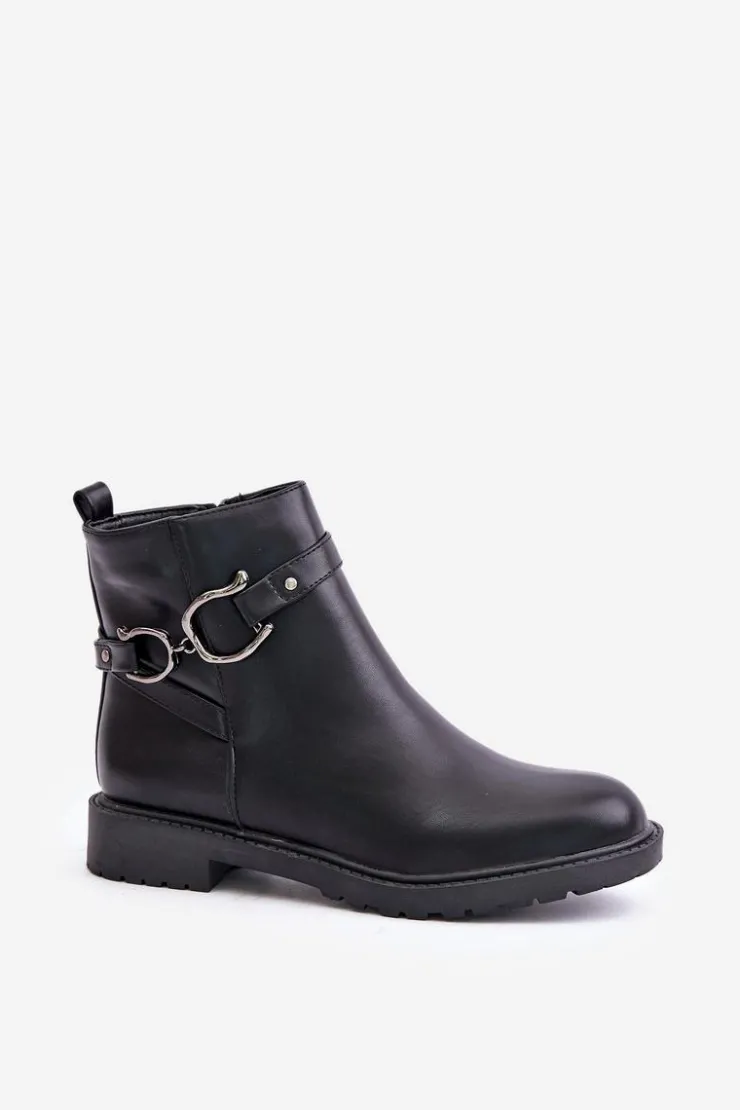 Hot Boto Ocieplane Botki Na Płaskim Obcasie Z Ozdobnym Paskiem Czarne Calzina