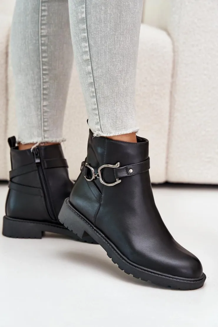 Hot Boto Ocieplane Botki Na Płaskim Obcasie Z Ozdobnym Paskiem Czarne Calzina