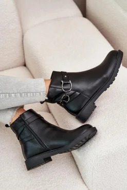 Hot Boto Ocieplane Botki Na Płaskim Obcasie Z Ozdobnym Paskiem Czarne Calzina