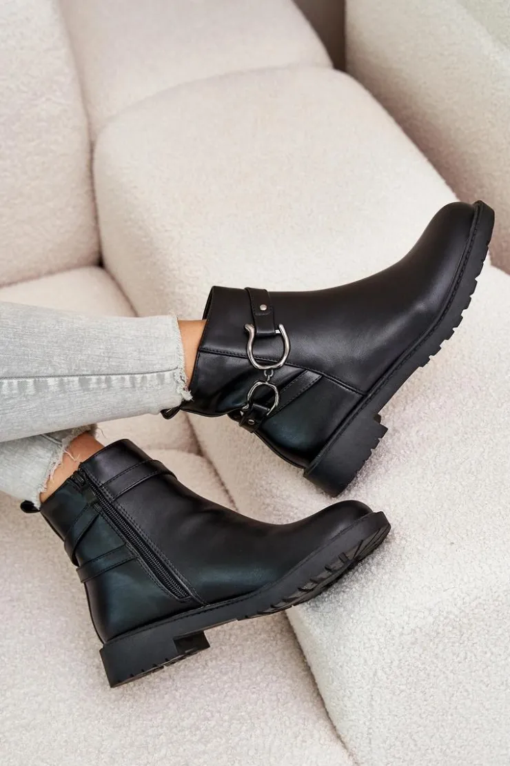 Hot Boto Ocieplane Botki Na Płaskim Obcasie Z Ozdobnym Paskiem Czarne Calzina