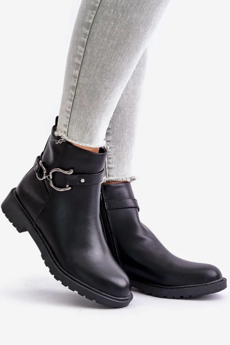 Hot Boto Ocieplane Botki Na Płaskim Obcasie Z Ozdobnym Paskiem Czarne Calzina
