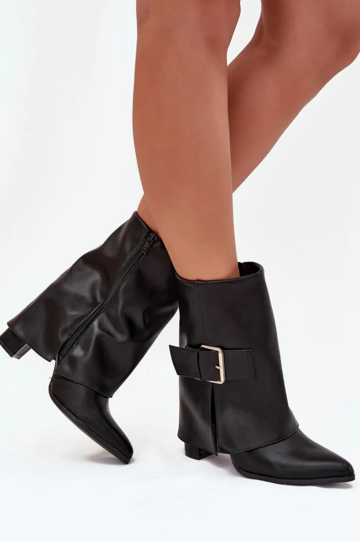 Boto Botki Ocieplane|Botki Na Obcasie*Ocieplane Botki Na Słupku Z Wywiniętą Cholewką I Złotą Klamrą Czarne Ylenara Czarny