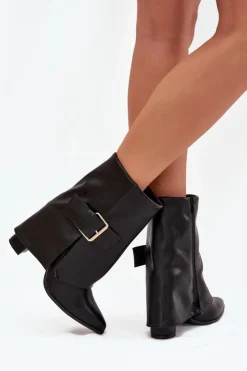 Boto Botki Ocieplane|Botki Na Obcasie*Ocieplane Botki Na Słupku Z Wywiniętą Cholewką I Złotą Klamrą Czarne Ylenara Czarny