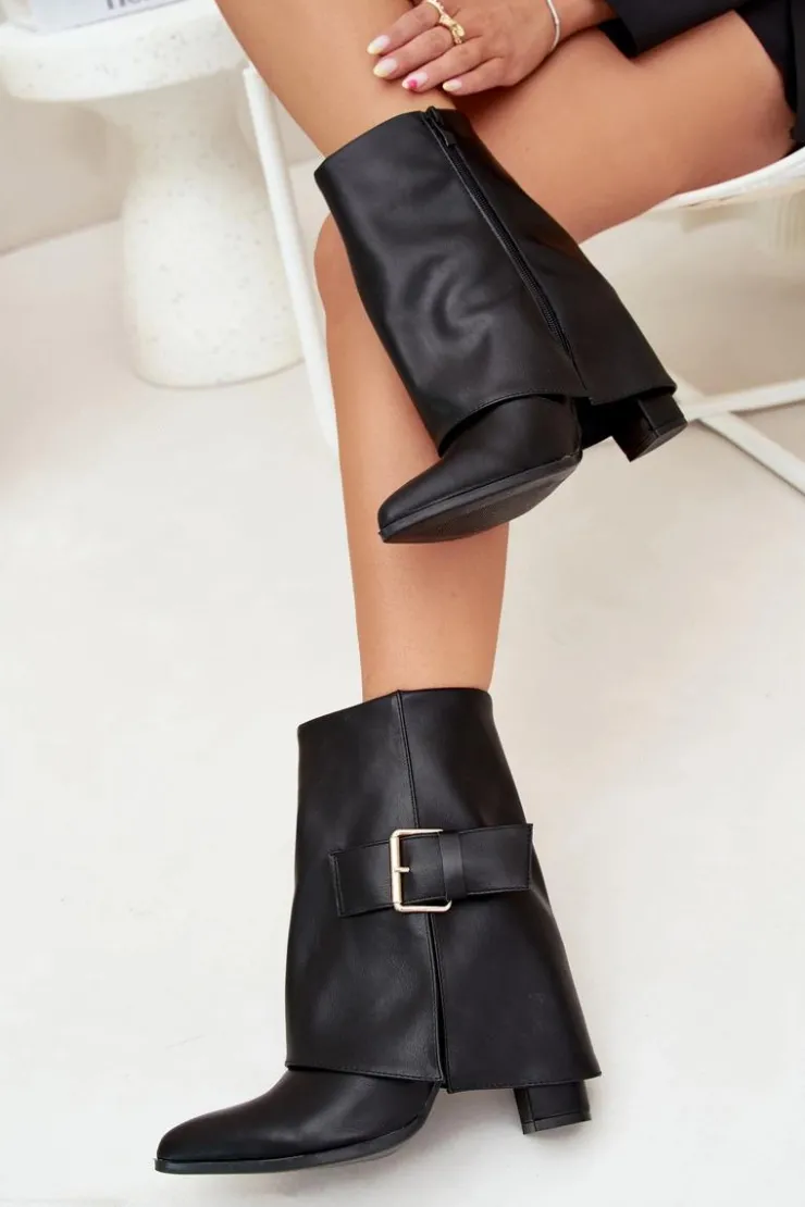 Boto Botki Ocieplane|Botki Na Obcasie*Ocieplane Botki Na Słupku Z Wywiniętą Cholewką I Złotą Klamrą Czarne Ylenara Czarny