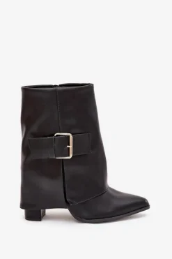 Boto Botki Ocieplane|Botki Na Obcasie*Ocieplane Botki Na Słupku Z Wywiniętą Cholewką I Złotą Klamrą Czarne Ylenara Czarny