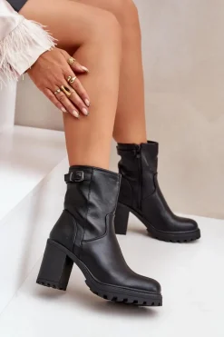 Damskie Boto Ocieplane Botki Na Słupku Z Klamrą Czarne Selavia