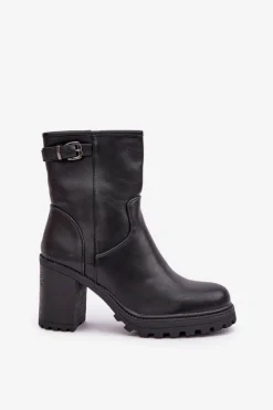 Damskie Boto Ocieplane Botki Na Słupku Z Klamrą Czarne Selavia