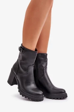 Damskie Boto Ocieplane Botki Na Słupku Z Klamrą Czarne Selavia