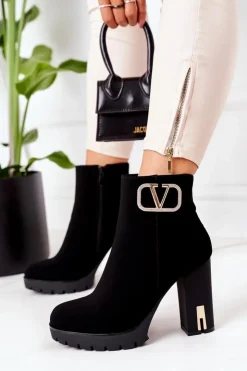 Damskie Boto Ocieplane Botki Na Słupku Czarne Wonderful