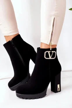 Damskie Boto Ocieplane Botki Na Słupku Czarne Wonderful