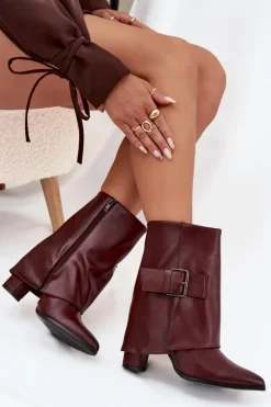 Damskie Boto Ocieplane Botki Na Słupku Z Wywiniętą Cholewką I Klamrą Bordowe Ylenara