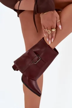 Damskie Boto Ocieplane Botki Na Słupku Z Wywiniętą Cholewką I Klamrą Bordowe Ylenara