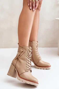 Discount Boto Ocieplane Botki Na Słupku Ze Złotym Detalem Beżowe Ivarisse Beżowy