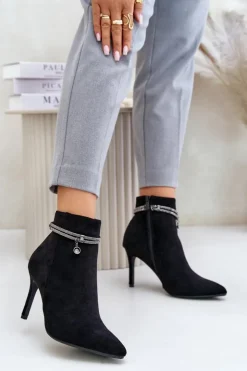 Damskie Buty damskie Vinceza Ocieplane Botki Na Szpilce Z Ozdobnym Paskiem Eko Zamszowe Vinceza 16469 Czarne