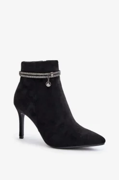 Damskie Buty damskie Vinceza Ocieplane Botki Na Szpilce Z Ozdobnym Paskiem Eko Zamszowe Vinceza 16469 Czarne