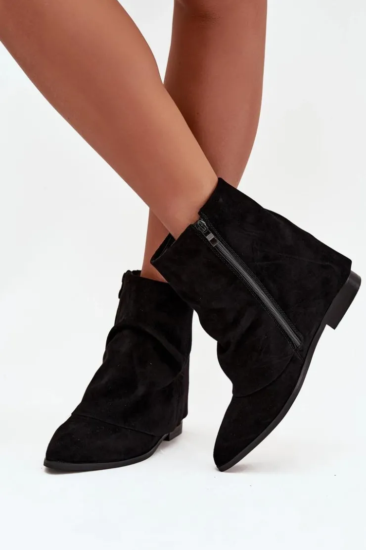 Sale Boto Ocieplane Botki Na Ukrytym Koturnie Z Wywiniętą Cholewką Eko Zamszowe Czarne Tavella Czarny