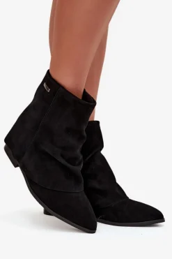 Sale Boto Ocieplane Botki Na Ukrytym Koturnie Z Wywiniętą Cholewką Eko Zamszowe Czarne Tavella Czarny