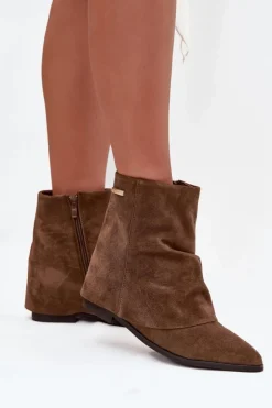 Damskie Boto Ocieplane Botki Na Ukrytym Koturnie Z Wywiniętą Cholewką Eko Zamszowe Brązowe Tavella