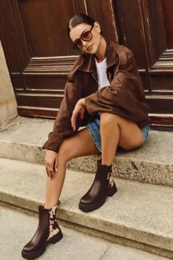 Boto Botki Ocieplane|Botki Płaskie*Ocieplane Botki Sztyblety Damskie Ze Złotym Detalem W Łaty Brązowe Priscilla Brązowy