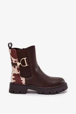 Boto Botki Ocieplane|Botki Płaskie*Ocieplane Botki Sztyblety Damskie Ze Złotym Detalem W Łaty Brązowe Priscilla Brązowy