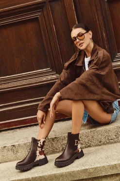 Boto Botki Ocieplane|Botki Płaskie*Ocieplane Botki Sztyblety Damskie Ze Złotym Detalem W Łaty Brązowe Priscilla Brązowy